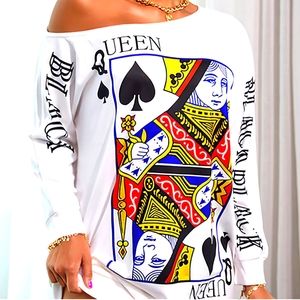 Slant Shoulder Queen Poker Print Dress